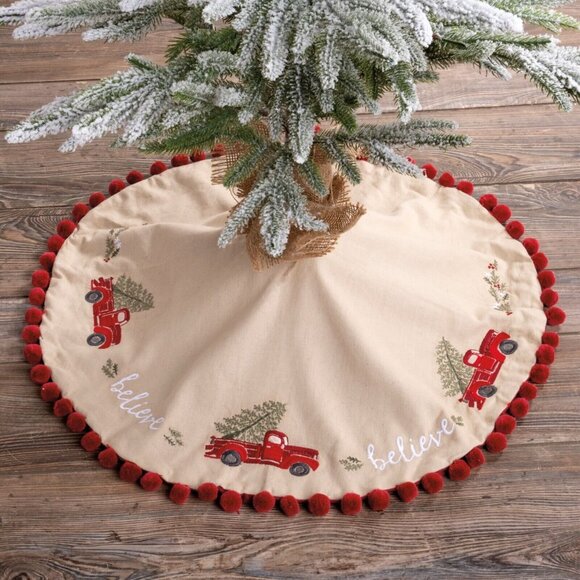 Primitives By Kathy Believe Truck Christmas Tree Skirt 24 in Red Pompom Trim - Picture 2 of 5